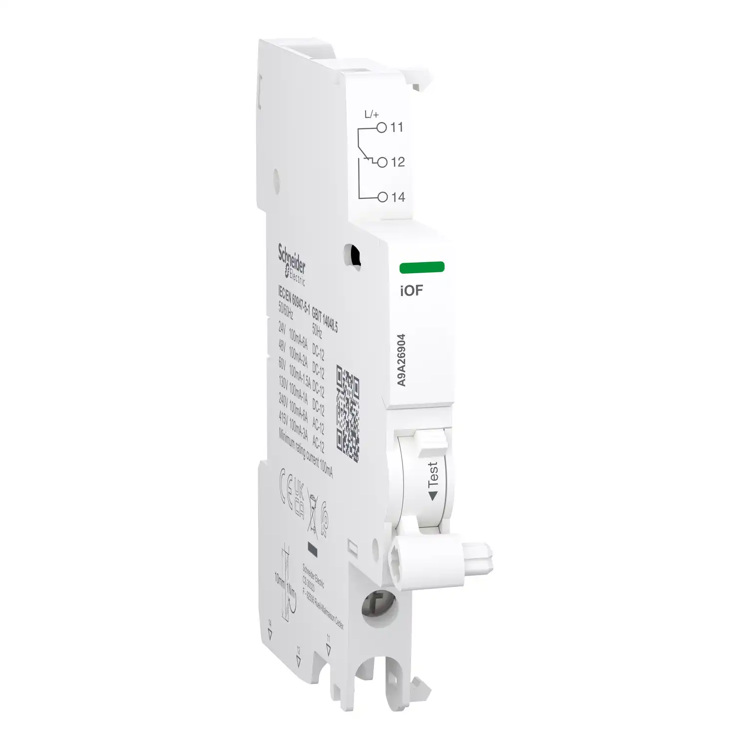 Schneider Electric - A9A26904 - Auxiliary contact, Acti9 A9A, iOF, 1 C/O, 100mA to 6A, 24VAC to 415VAC, 24-130 VDC, bottom connection - 1