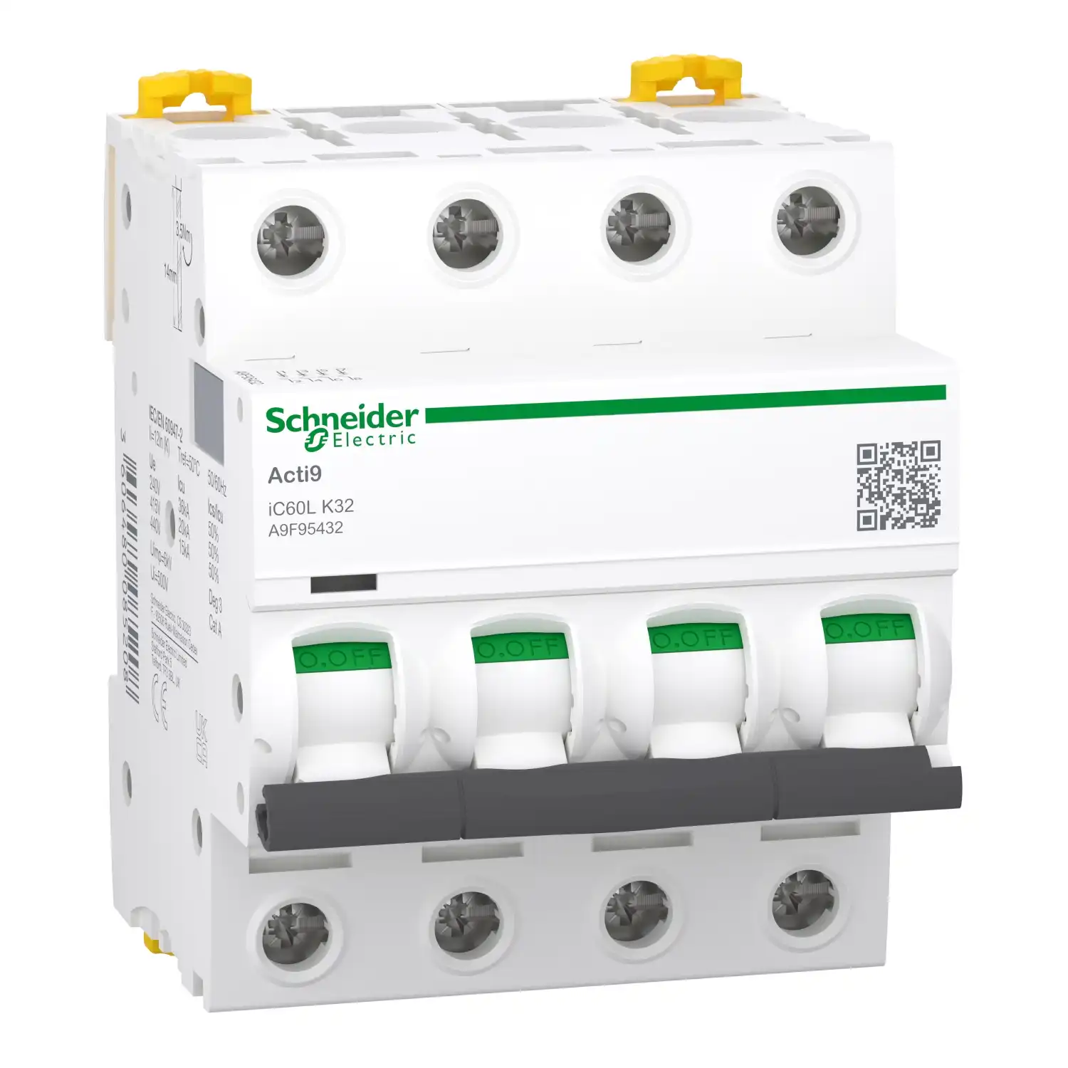 Schneider Electric - A9F95432 - Minyatür devre kesici, Acti9 iC60L, 4P, 32 A, K eğrisi, 15000 A (IEC 60898-1), 20 kA (IEC 60947-2) - 1