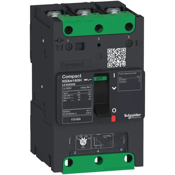 Schneider Electric - LV426455 - devre kesici ComPact NSXm N (415 VAC'de 50 kA), 3P 3d, 63 A değerinde TMD açma ünitesi, sıkıştırma manşonları ve busbar konnektörleri - 1